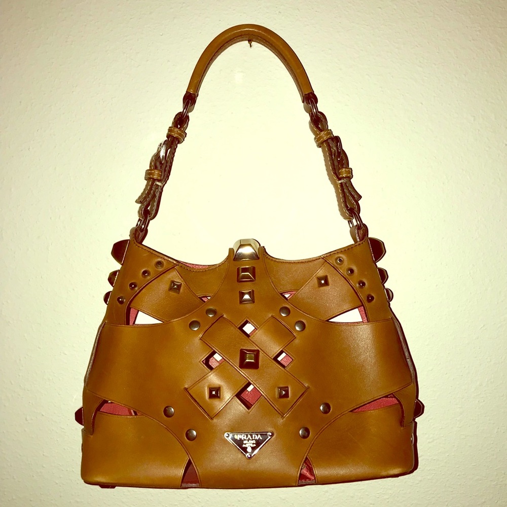 PRADA Woven Studded Lattice Brown Satchel